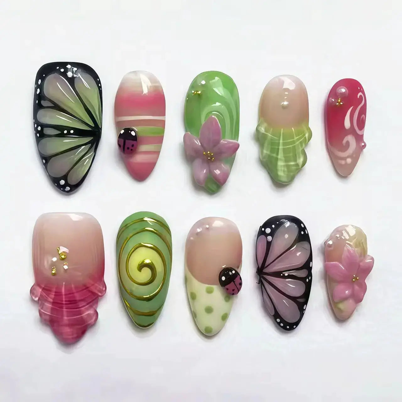 Press On Nails | Almond Shape | Green Lotus Frog Design | 24 Piece Kit