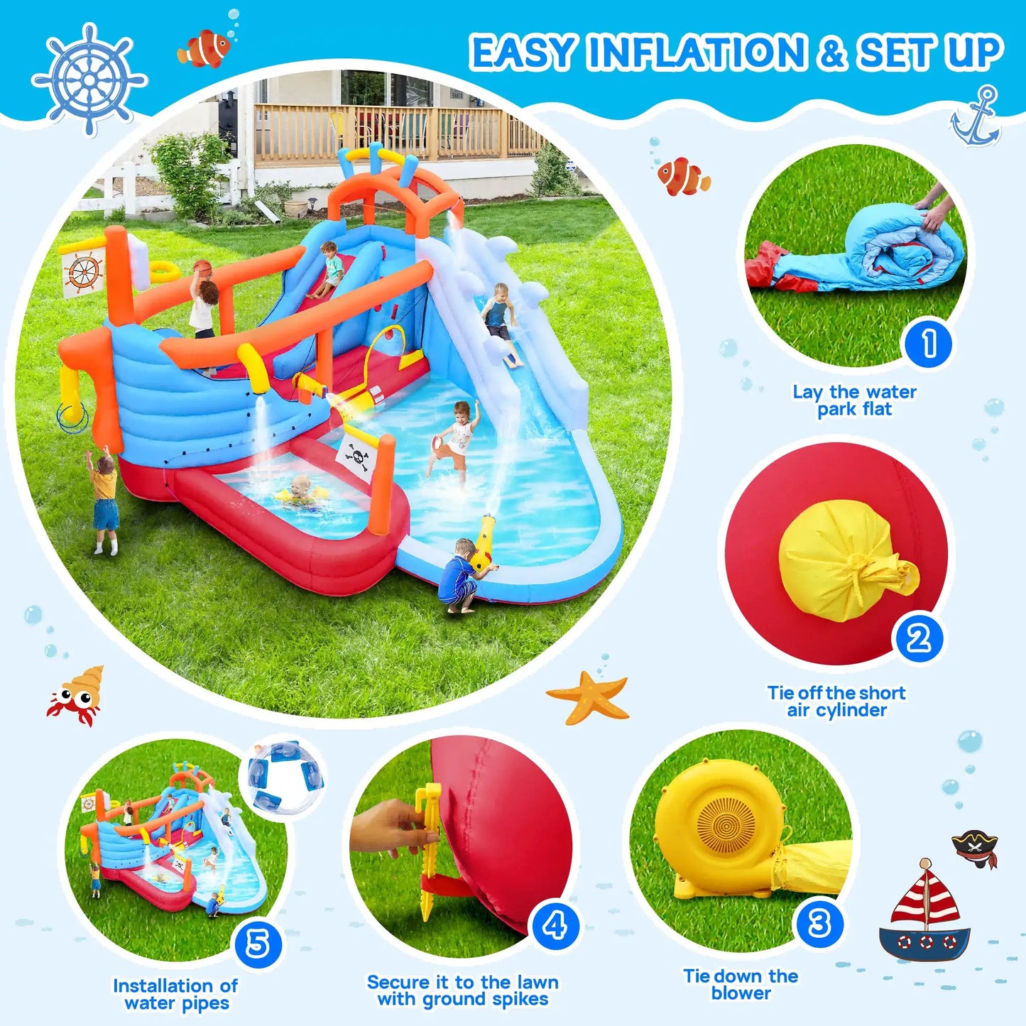 9-in-1 Inflatable Water Slide Park, Kids Bounce House with Jump Area, Dual Slides, Outdoor Backyard Party Inflatable Bouncy Cast from PriceLows™