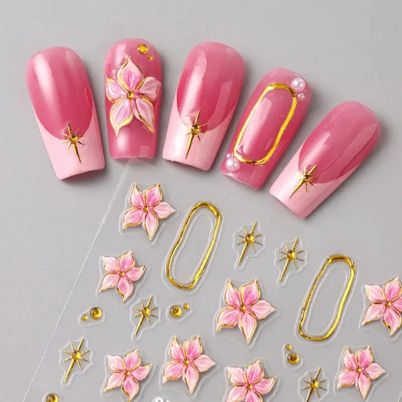 5D Floral Embossed Nail Stickers Bronzing Hibiscus Flower Petals Star Frame Elegant Nail Art Decals for Spring Summer Decor from PriceLows™