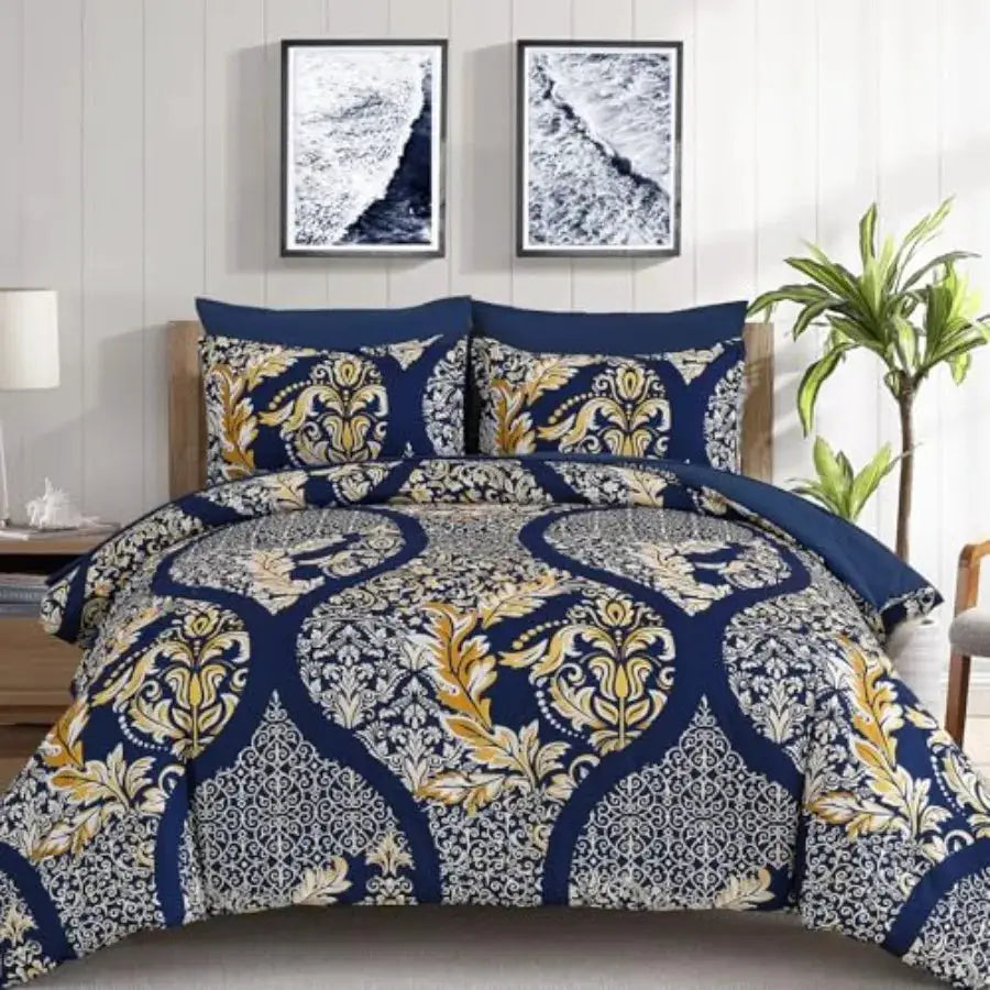 Navy Blue Gold Comforter Set Queen Size 7 Pieces Bohemian Damask Comforter Set Soft Lightweight Microfiber Bedding Set for All from PriceLows™