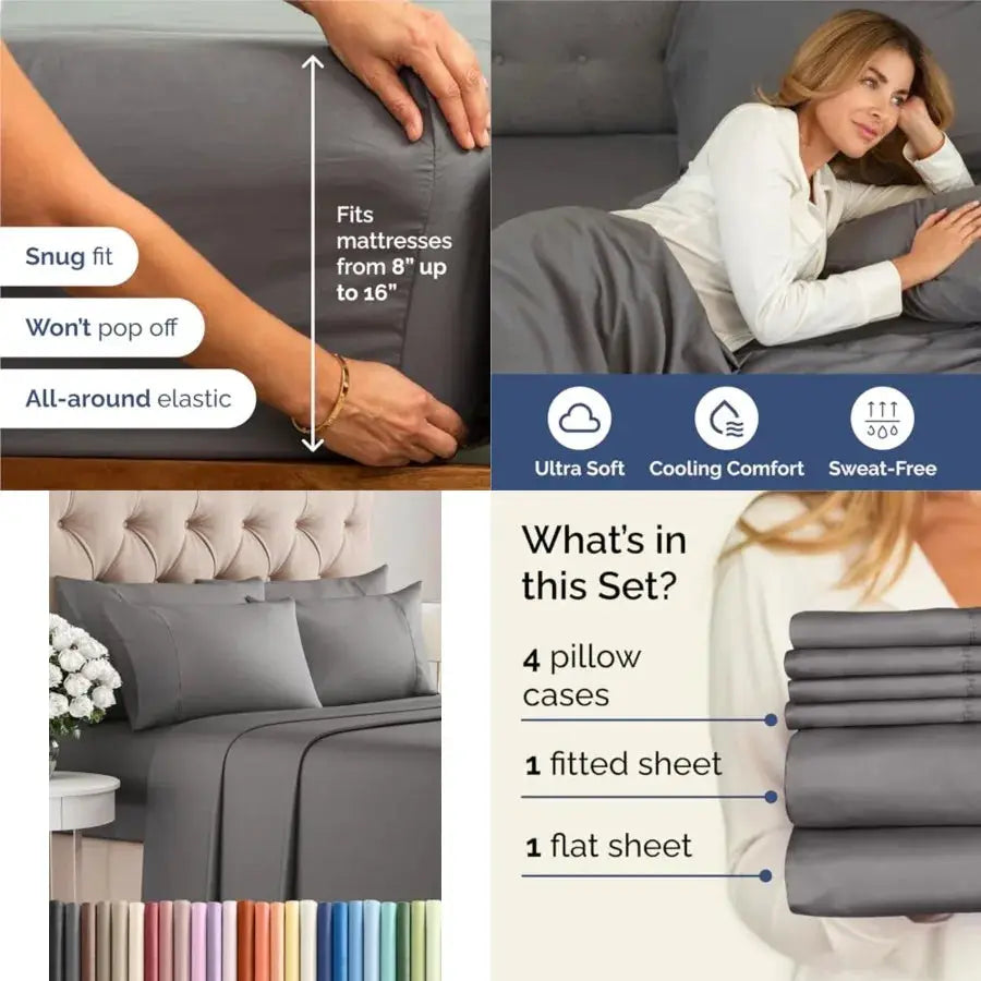 6 Pcs Sheet Set - Comfy, Breathable Cooling - Hotel Luxury Bedding for Women, Men,,Teens - 1 Flat 1 Fitted Sheet 4 Pillowcases from PriceLows™