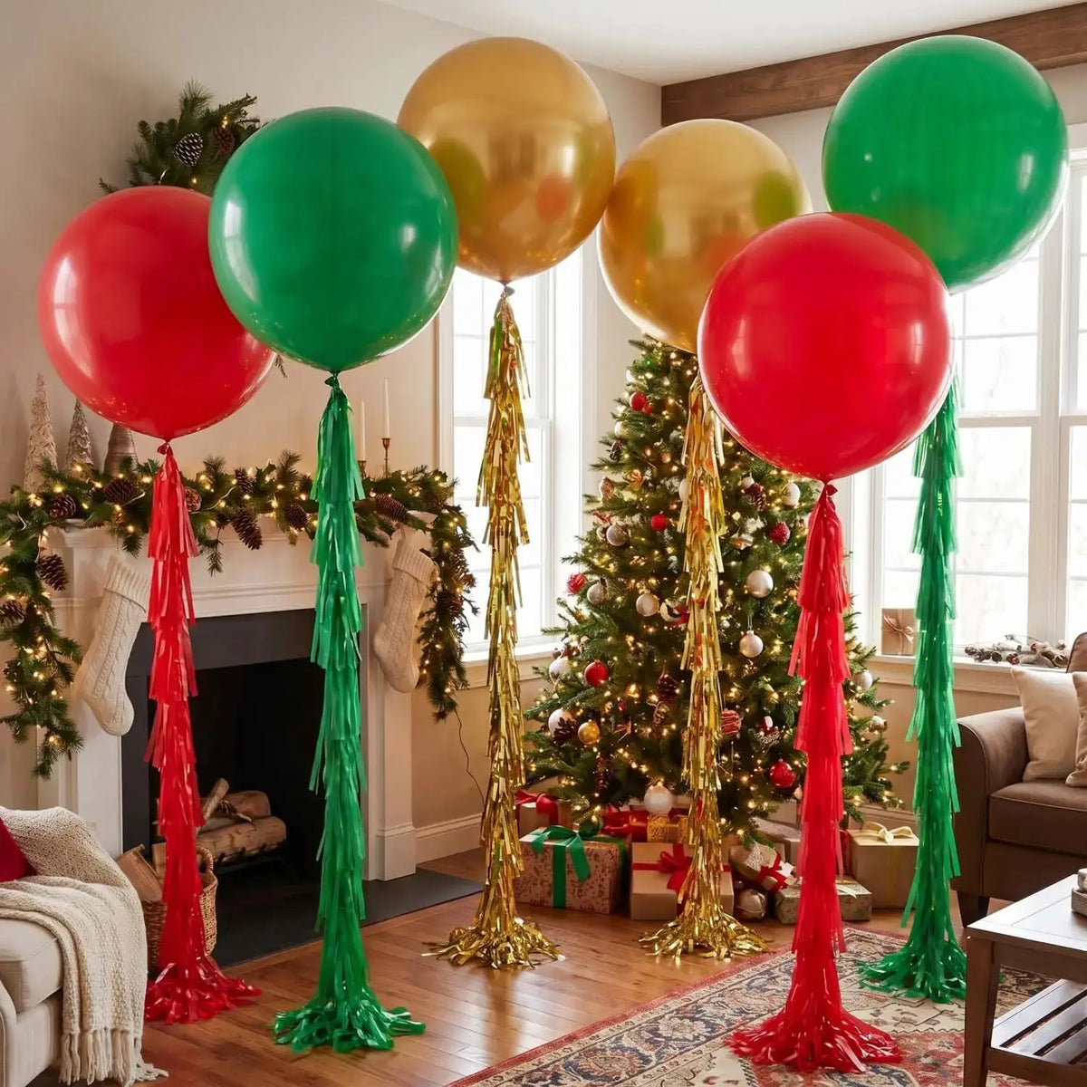 Christmas Giant Balloons | 36 Inch Latex | Tassel Tails | 6 Piece Set