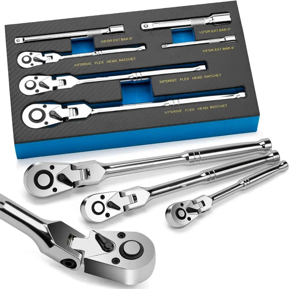 Flex Head Ratchet Set 1/4" 3/8" 1/2" Drive 180° Adjustable Swivel Head Ratchet Wrench with Extension Bar 72 Tooth 6 pcs from PriceLows™