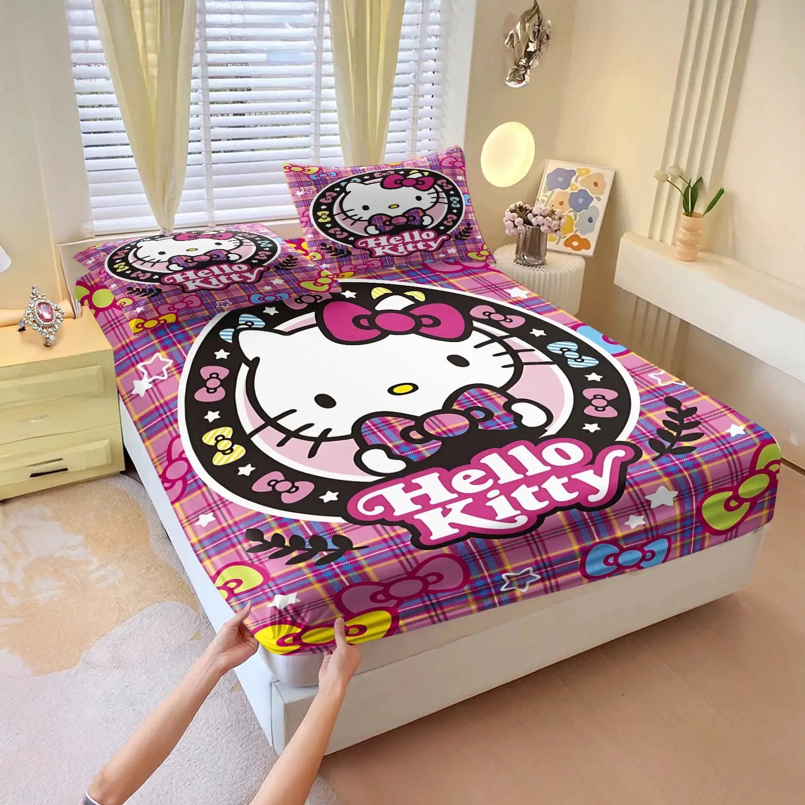 3Pcs Kawaii Hello Kitty Fitted Sheet Set With 2 Pillowcases purple Bed Sheet Soft Deep Pocket Bedding for Girls Bedroom Decor from PriceLows™