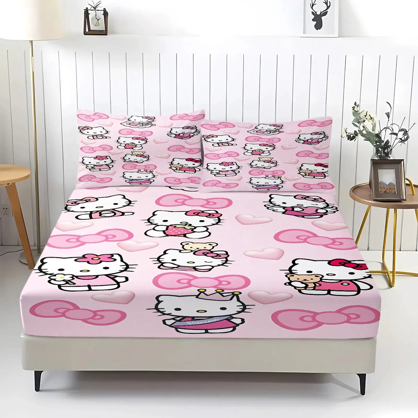 3Pcs Kawaii Hello Kitty Fitted Sheet Set With 2 Pillowcases Pink Bed Sheet Soft Deep Pocket Bedding For Girls Bedroom Decor from PriceLows™