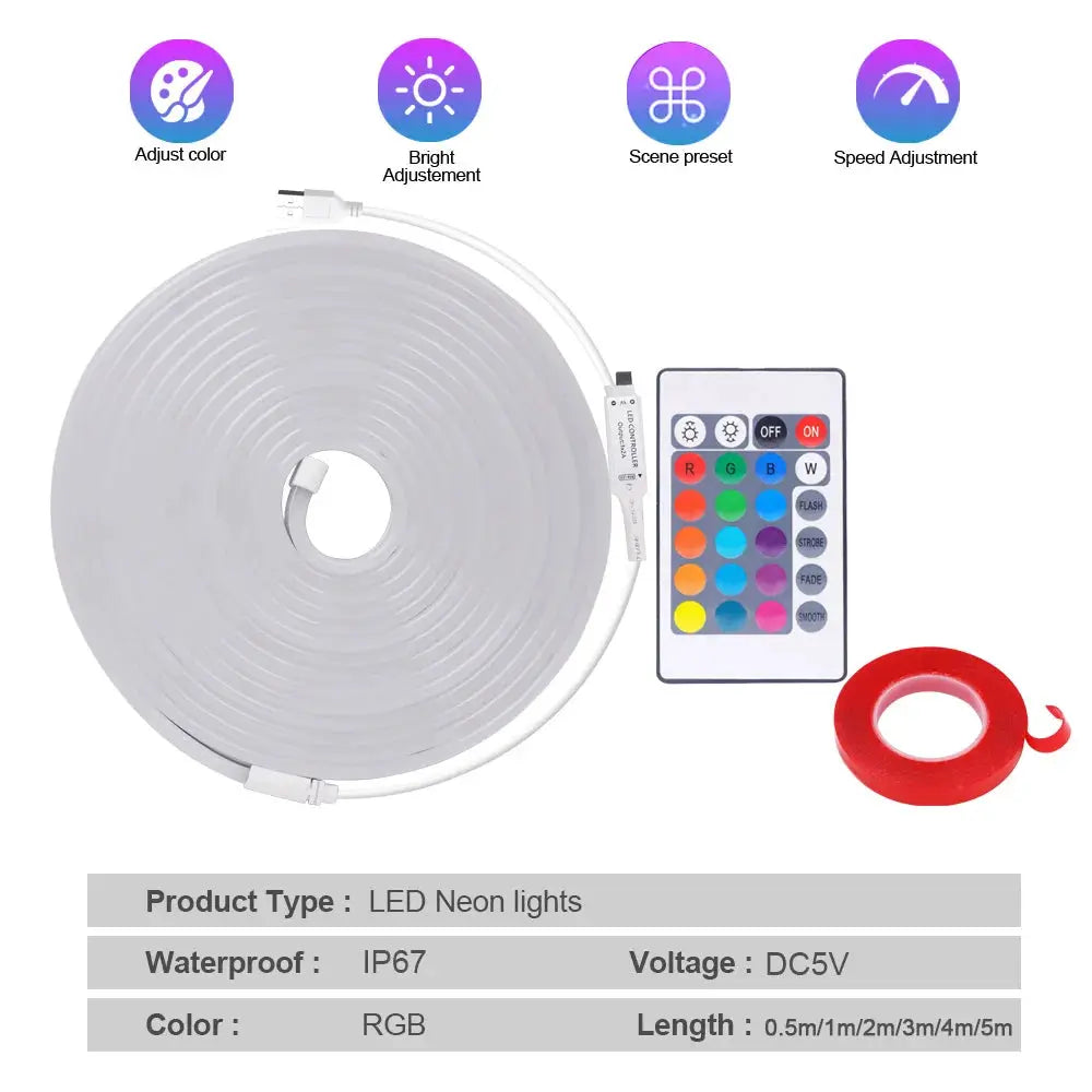 5V RGB Led Neon Strip Rope Light 24key Remote Control USB Kit with Adhesive Flexible Tape 1m 2m 5m 3535 108LED/m Home Decoration from PriceLows™