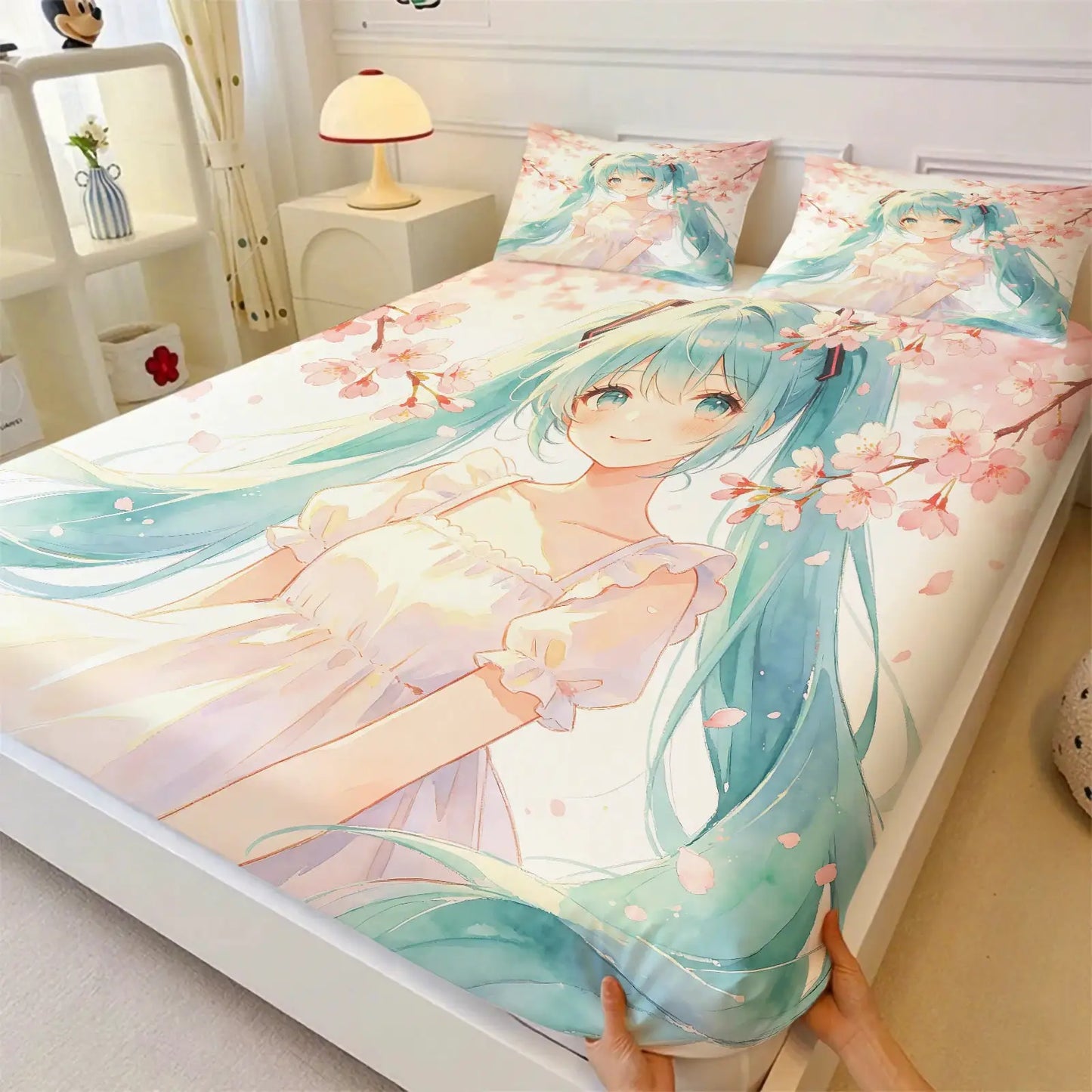 3Pcs Hatsune Miku Sakura Cherry Blossom Fitted Sheet Set Watercolor Anime Bed Cover with Pillowcases Teens Fans Room Decor Gift from PriceLows™