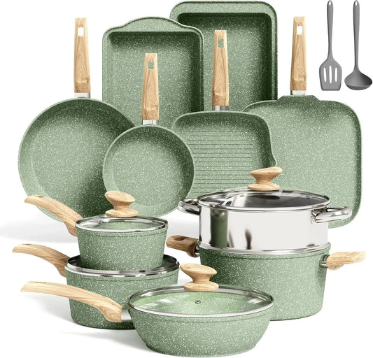 17-Piece Nonstick Induction Cookware Set with Griddle, Green Granite Pots and Pans, Healthy Cooking Set from PriceLows™
