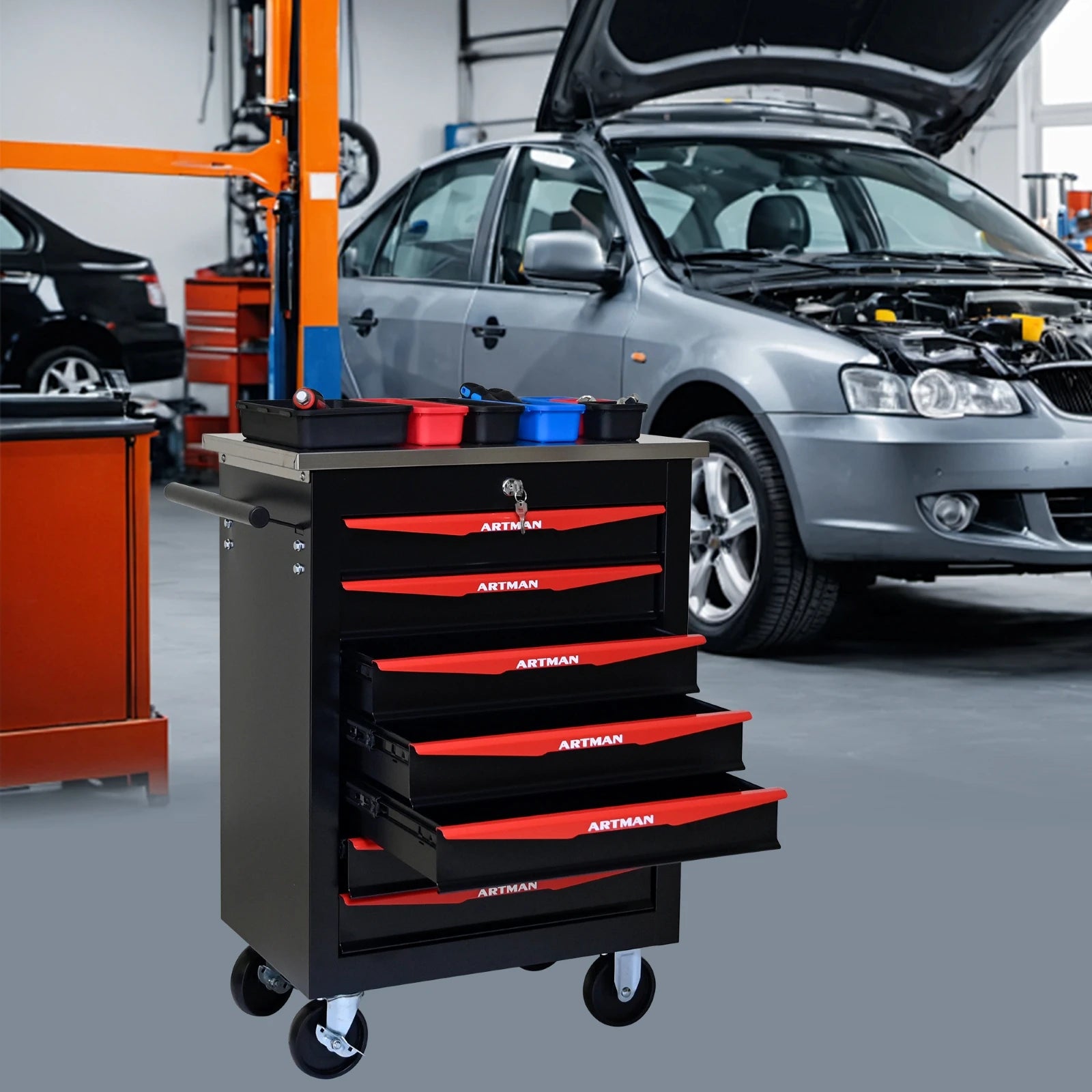 7 Drawer Rolling Tool Box Hardware Storage Tool Cabinet, Heavy Duty Steel Metal Cart, Lockable, Shop Garage NEW，red from PriceLows™