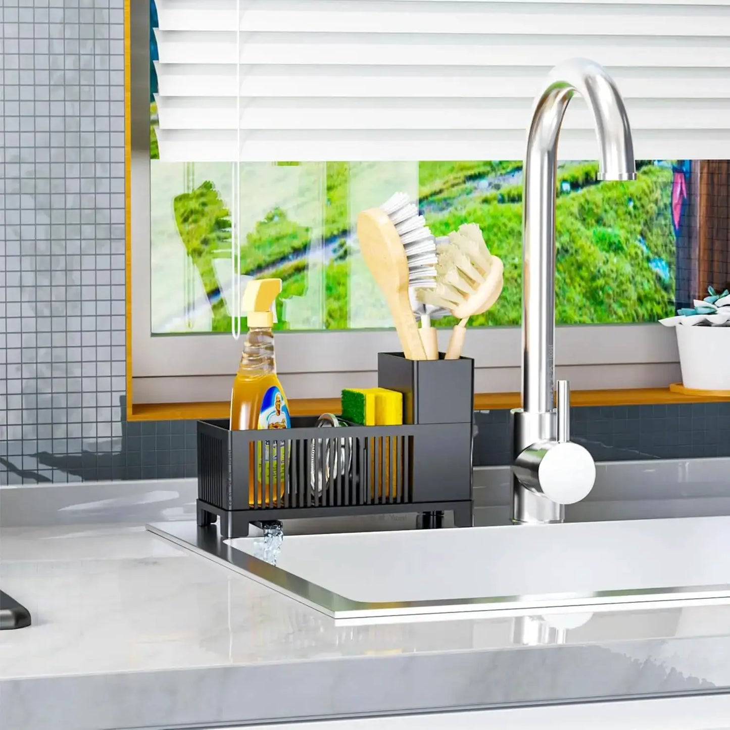 Multifunctional Kitchen Sink Organizer Caddy - Sponge Holder, Scrub Brush Rack, Soap Dispenser, Black Plastic, Rustproof for Countertop from PriceLows™