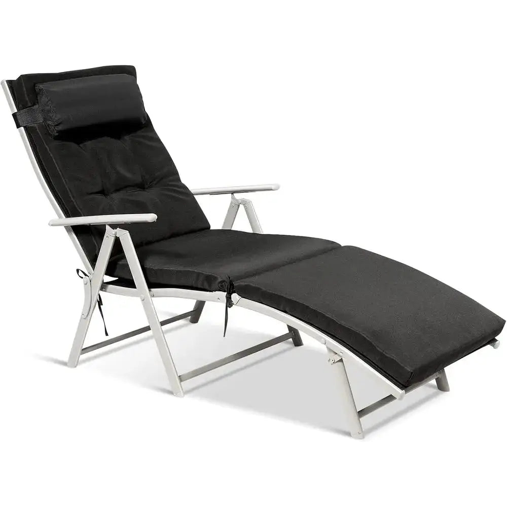 Portable Outdoor Reclining Chaise Lounge Chair with Pillow, 7 Positions, Ideal for Patio, Yard, Poolside - Black from PriceLows™