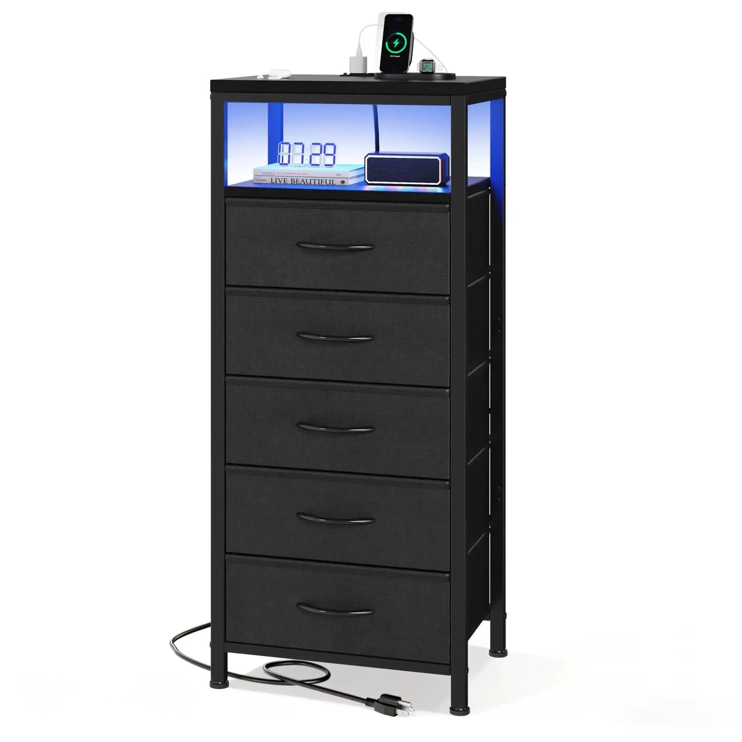 JHK 5 Fabric Drawers Dresser For Bedroom Nightstand with Charging Station and Outlets Adjustable Feet and Variable Light Strip from PriceLows™