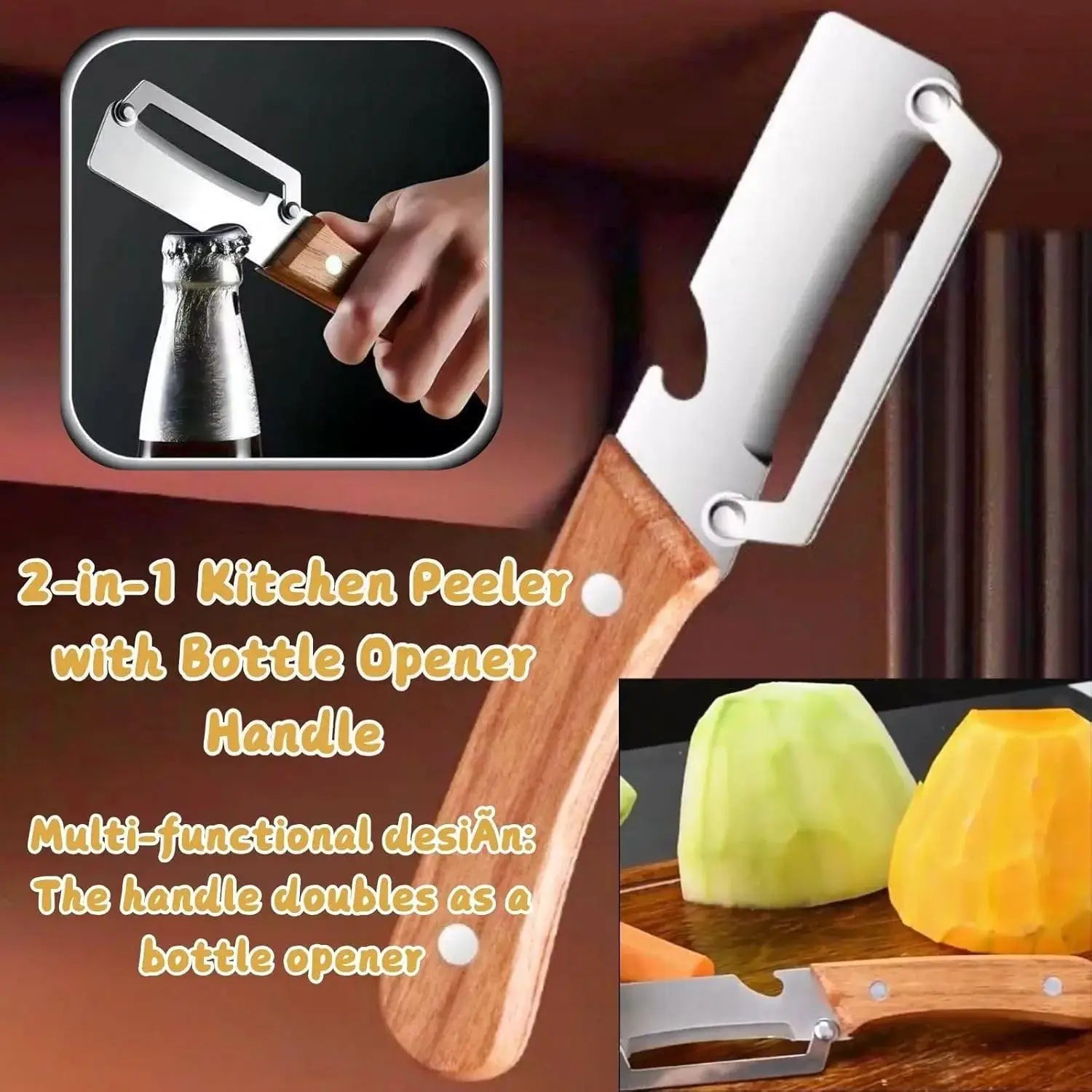 2 PCS Multi-Functional Kitchen Peeler, Vegetable Peeler, Wooden Kitchen Tool, Premium Wooden Handle - Stainless Steel Single Blade & Built-In Bottle Opener, Suitable for Peelable Vegetables & Fruits from PriceLows™