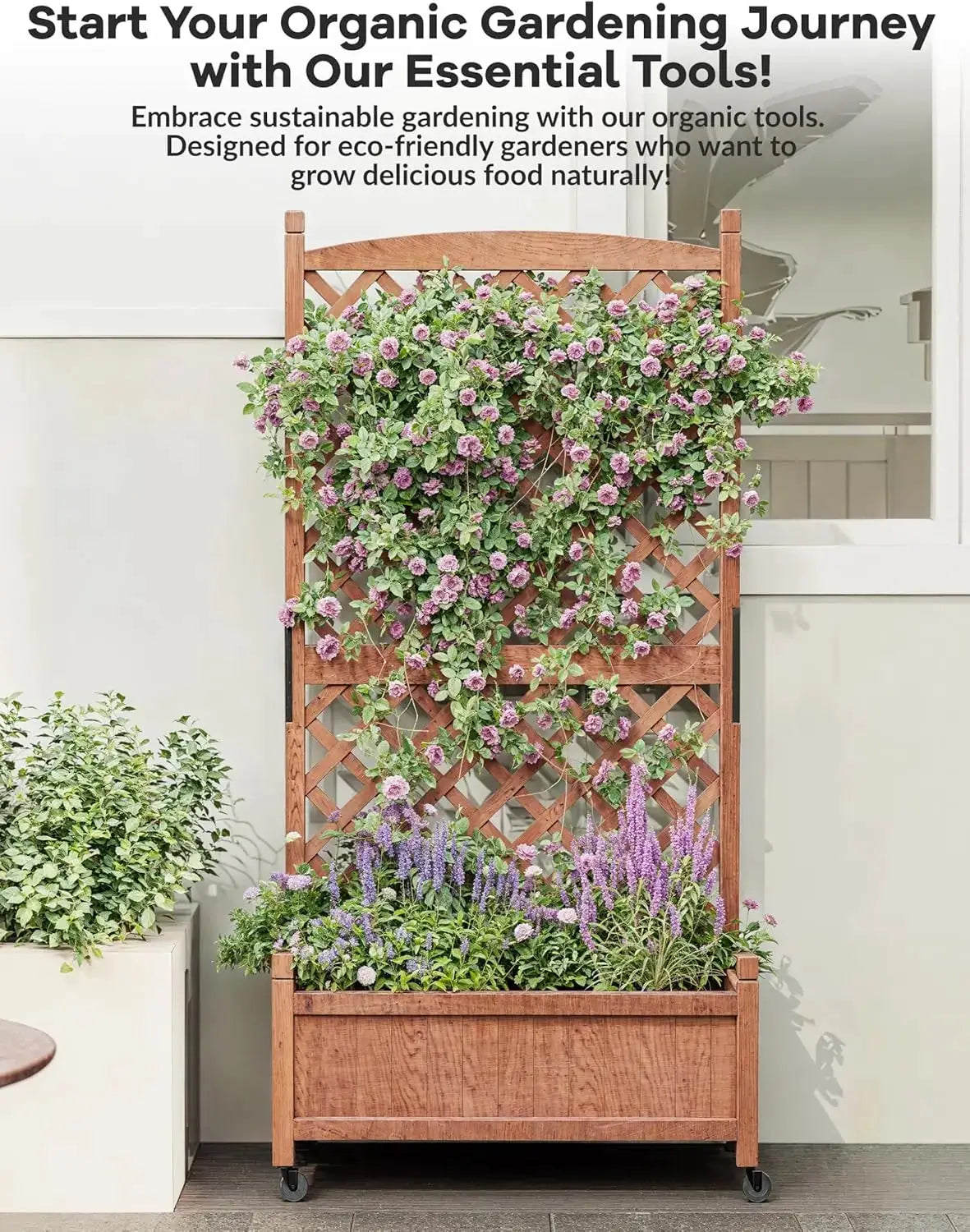 29.5" x 13"x 61.5" Wood Planter Box with Trellis for Plant & Flower, Raised Garden Bed with Wheels, Standing Vertical Ho from PriceLows™