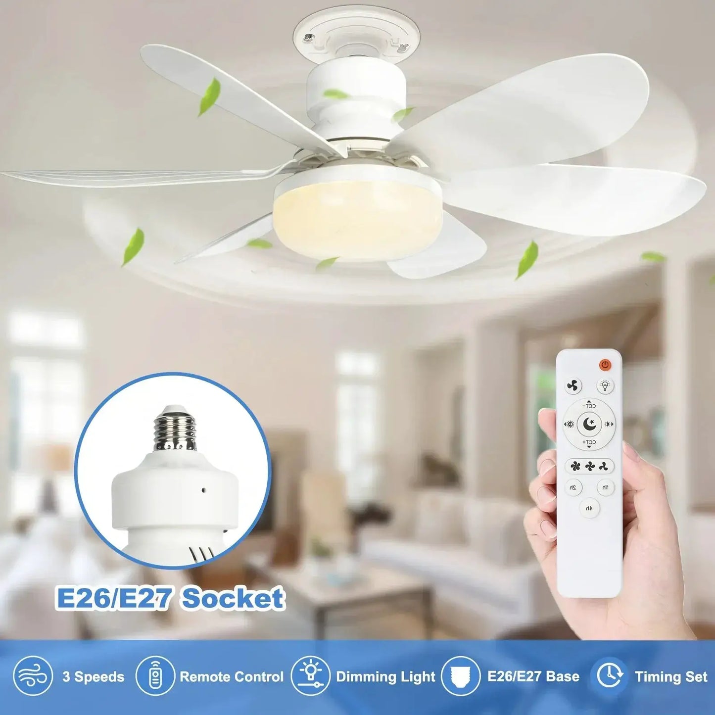 Ceiling Fan With Light | E26 E27 Base | Remote Included | 20.5in
