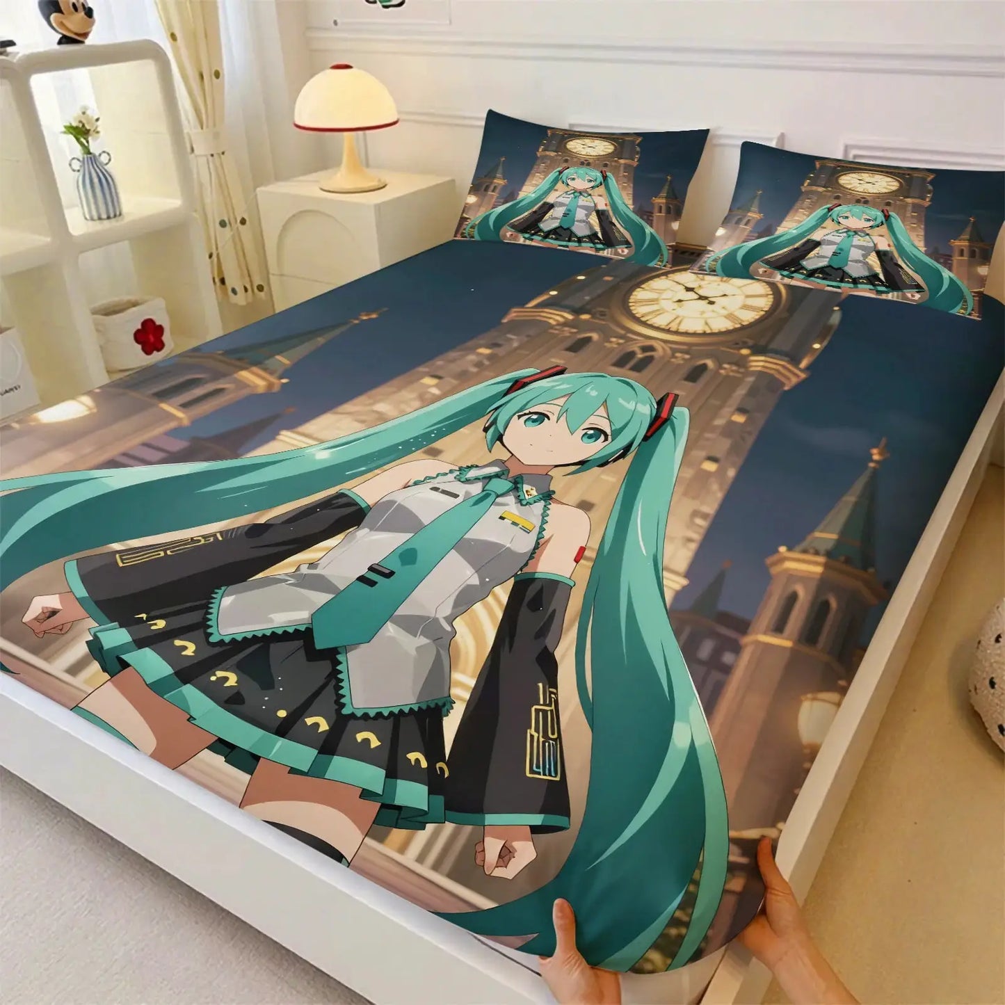 3Pcs Hatsune Miku Fitted Sheet Set with 2 Pillowcases Ice Palace Anime Bedding Set Soft Deep Pocket for Fan & Teen Bedroom Decor from PriceLows™