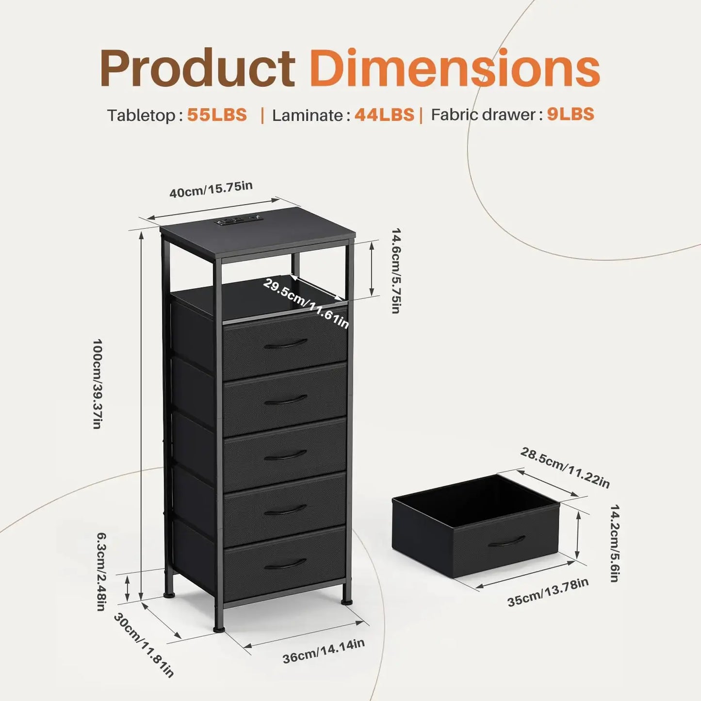 JHK 5 Fabric Drawers Dresser For Bedroom Nightstand with Charging Station and Outlets Adjustable Feet and Variable Light Strip from PriceLows™