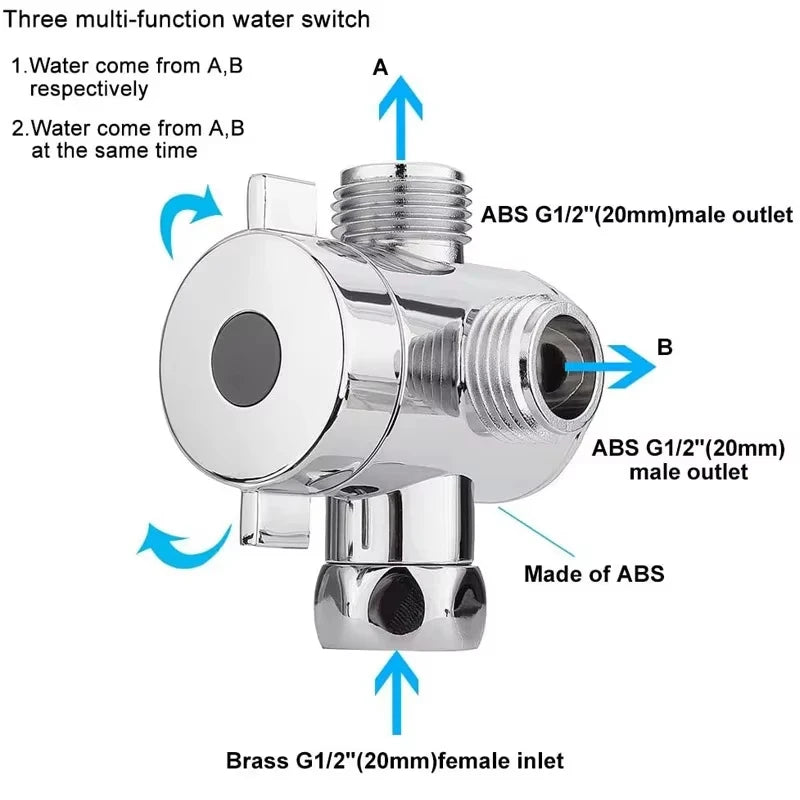 Shower Head Diverter Valve | Brass Construction | G1/2 Inch Connector | 3 Mode