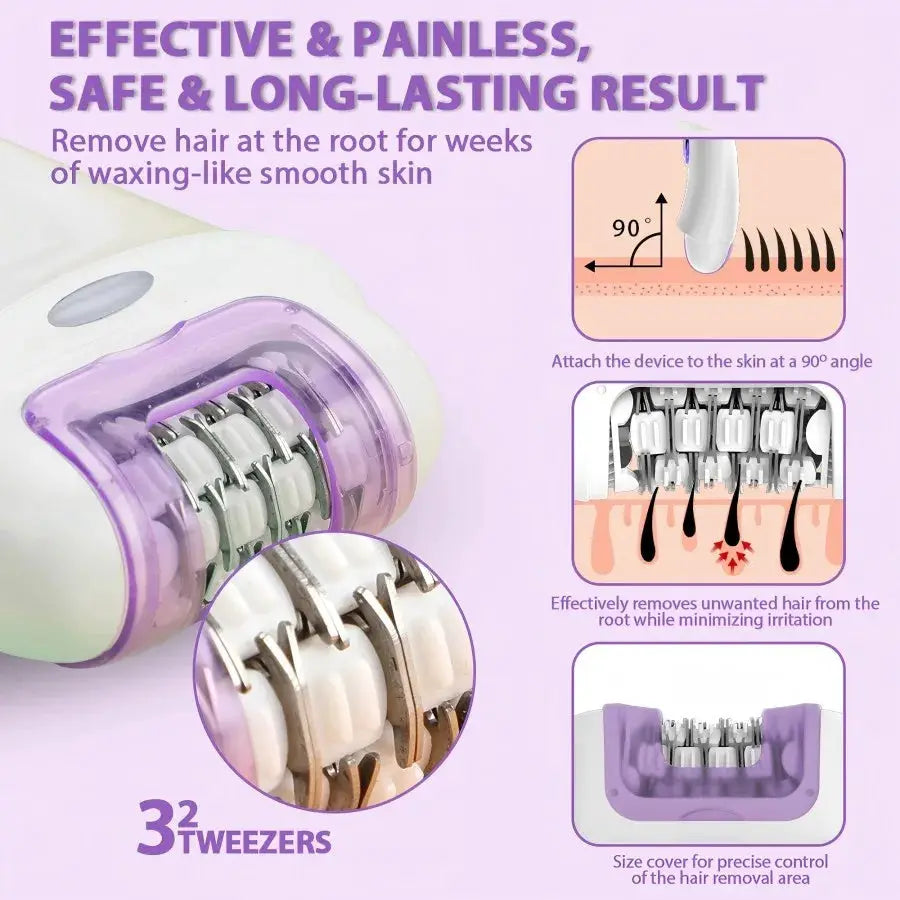 Rechargeable Epilator Shaver | 32 Tweezers | 60 Min Battery | 2 Speeds