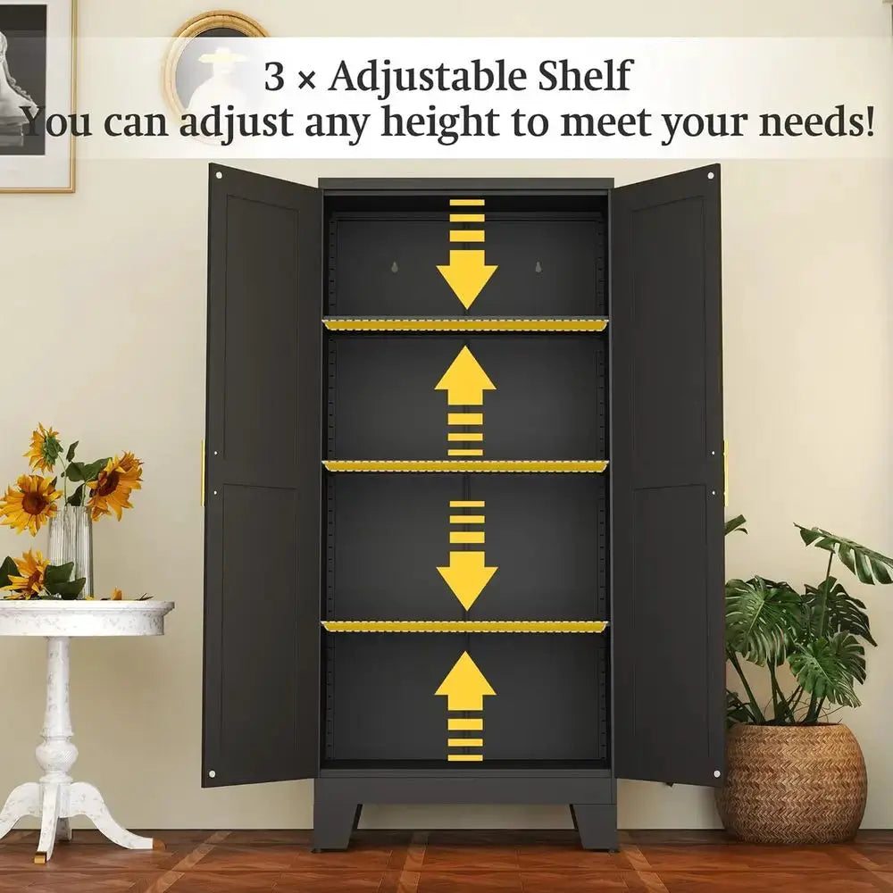 Black Metal Storage Cabinet, 61" Steel Cabinets for Home Office, Kitchen Pantry Storage Cabinet with Doors and 3 Adjustable Shelves, Metal Tool Cabinet, for Office, Home, Garage, School from PriceLows™