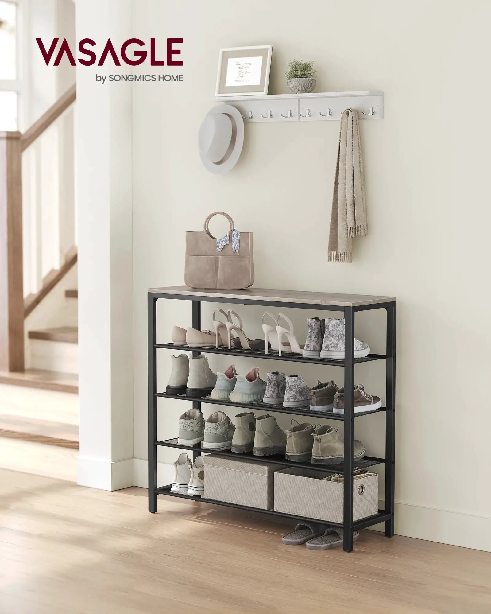 VASAGLE Shoe Rack, 5-Tier Shoe Storage Organizer with 4 Metal Mesh Shelves for 16-20 Pairs and Large Surface for Bags, for Entry from PriceLows™