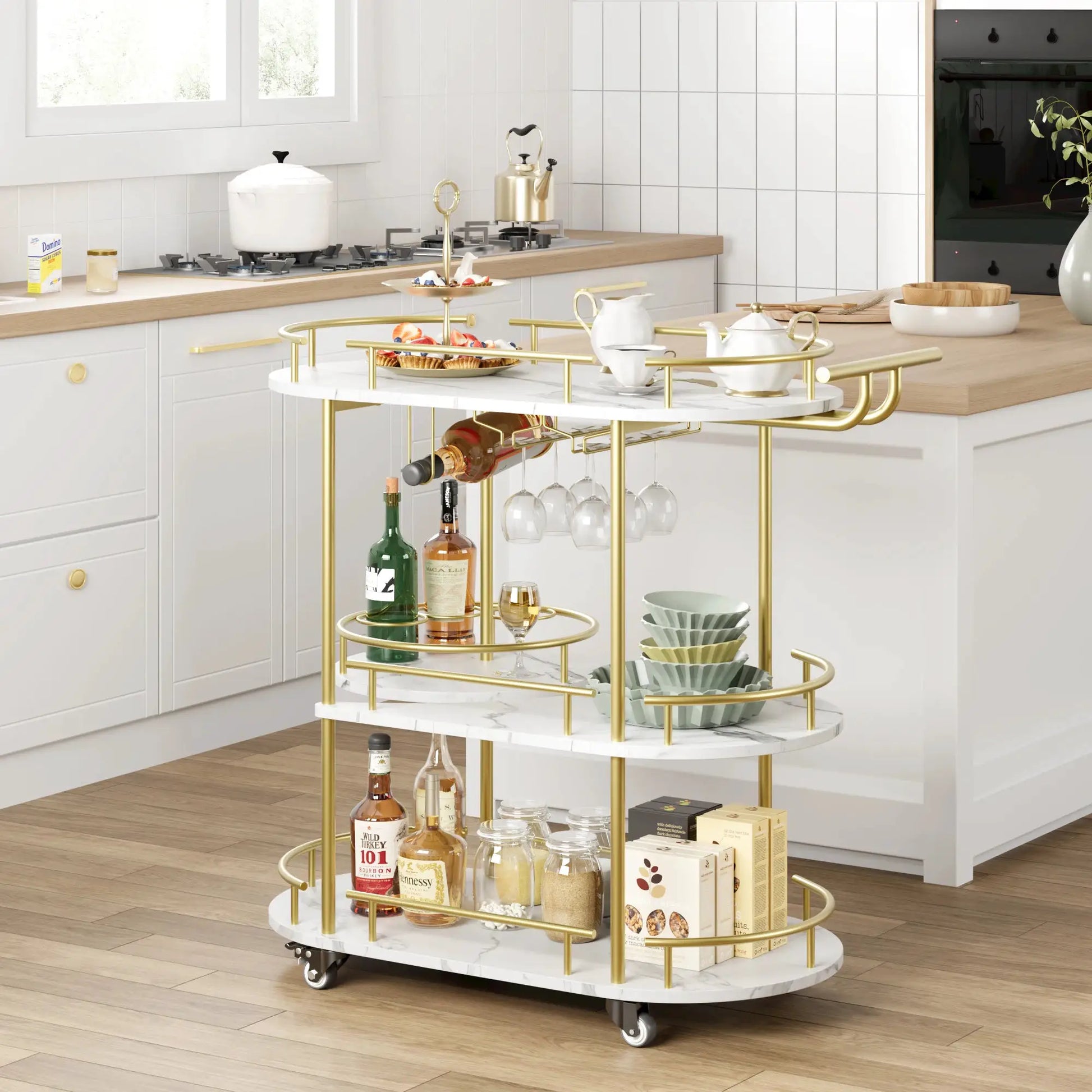 Gold Bar Carts with 4-Tiers Storage Shelves Mobile Bar Seving Carts On Wheels with Wine Rack and Glass Holder for Kitchen from PriceLows™