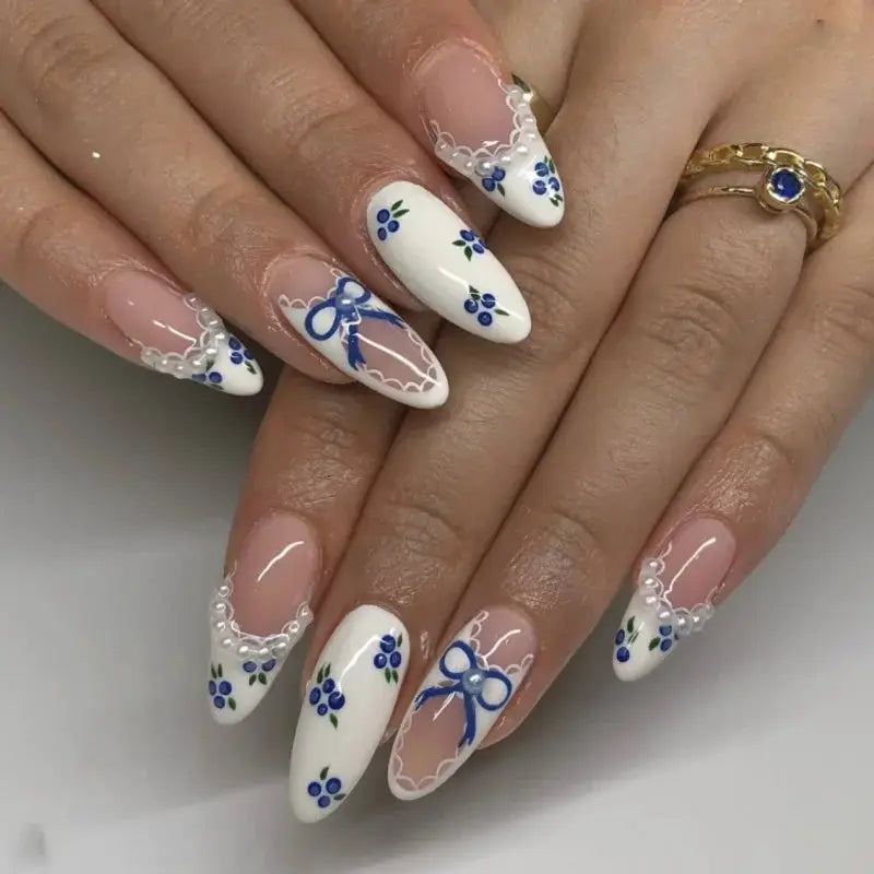 Almond Press On Nails | Acrylic Finish | Pearl Flower Design | 24 Piece Set