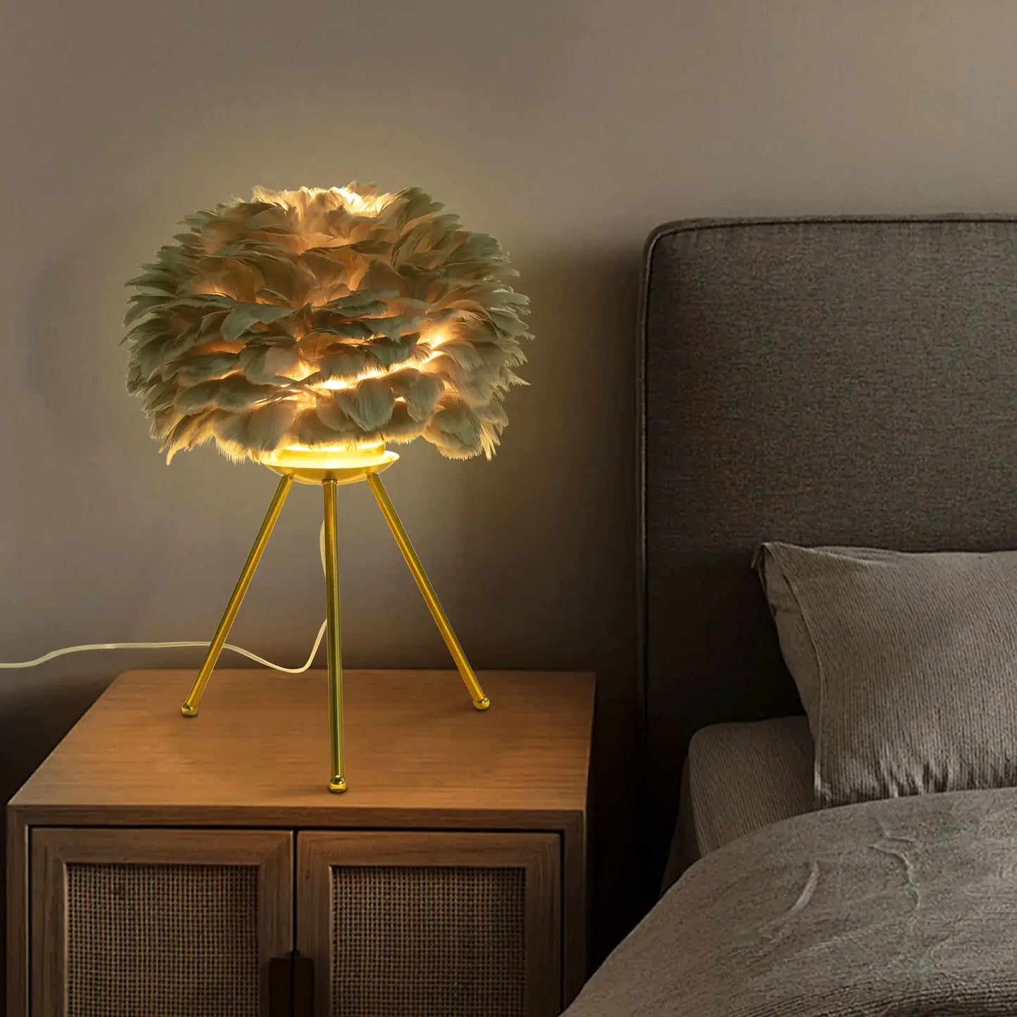 Gray Feather Table Lamp Bedroom Bedside Feather Lamp Tripod Lamp with Swan Lampshade indoor Living Room Decoration from PriceLows™