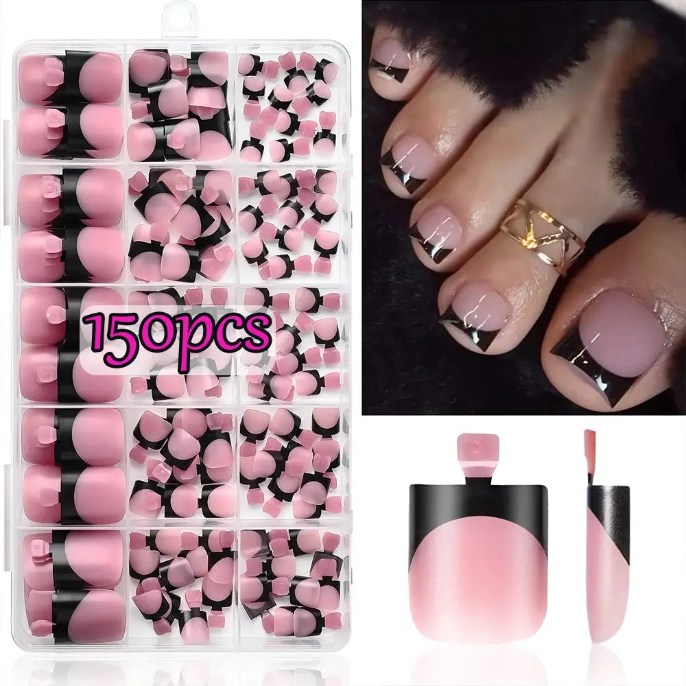 Press On Toenails | Short Square | Matte Nude Pink French | 150 Piece Set