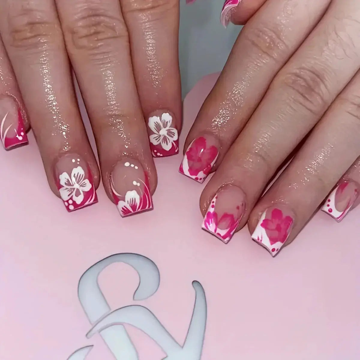 Press On Nails | Resin Coffin Shape | French Floral Print | 24 Pieces