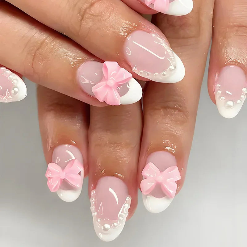 Reusable Press On Nails | Almond Cut | Blush Diamonds Sweetheart Bows | 24 Pcs