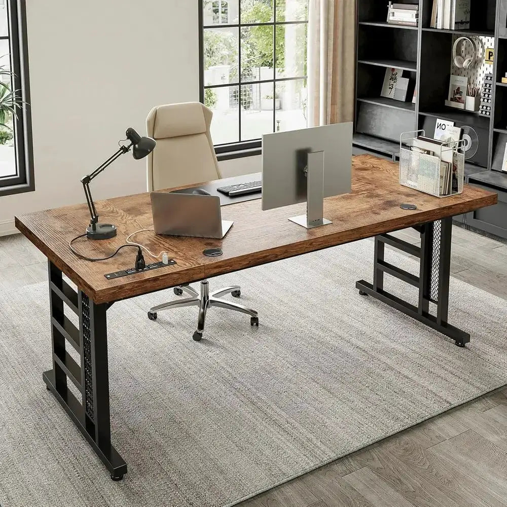 71 Large Modern Office Desk with USB Ports, Thick Vintage Style Home Business Workstation from PriceLows™