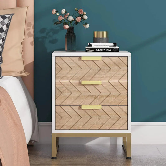 3 Drawers Nightstand, Modern Bedside Table with Unique Chevron Design, White End Side Table Night Stands for Bedroom from PriceLows™