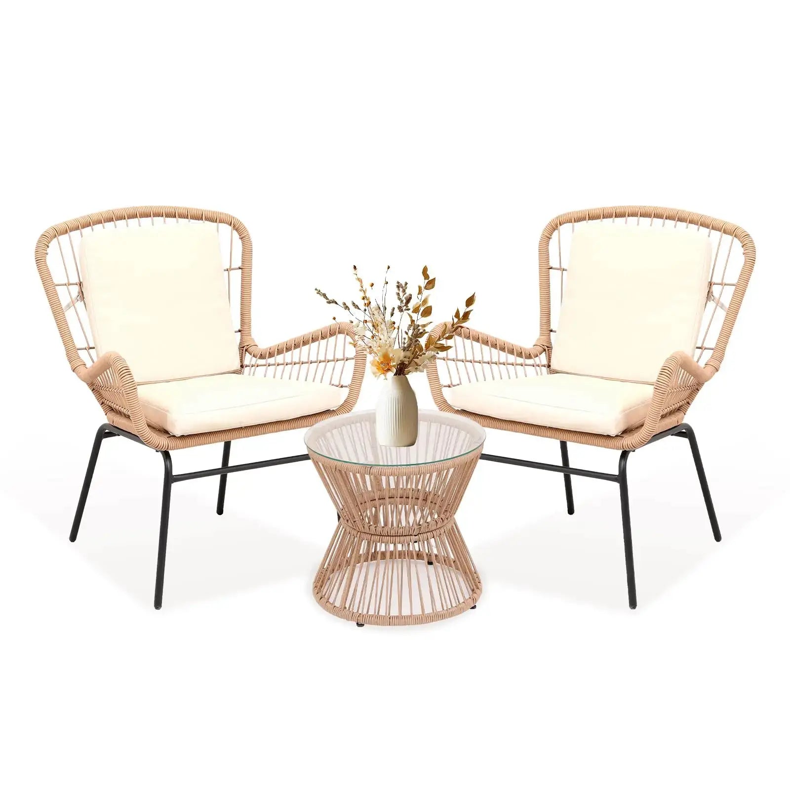 Boho 3PCS Patio Furniture Set, Outdoor PE Rattan Bistro Set With 2 Wide Cushioned Chairs & Glass Table For Deck Porch Poolside from PriceLows™