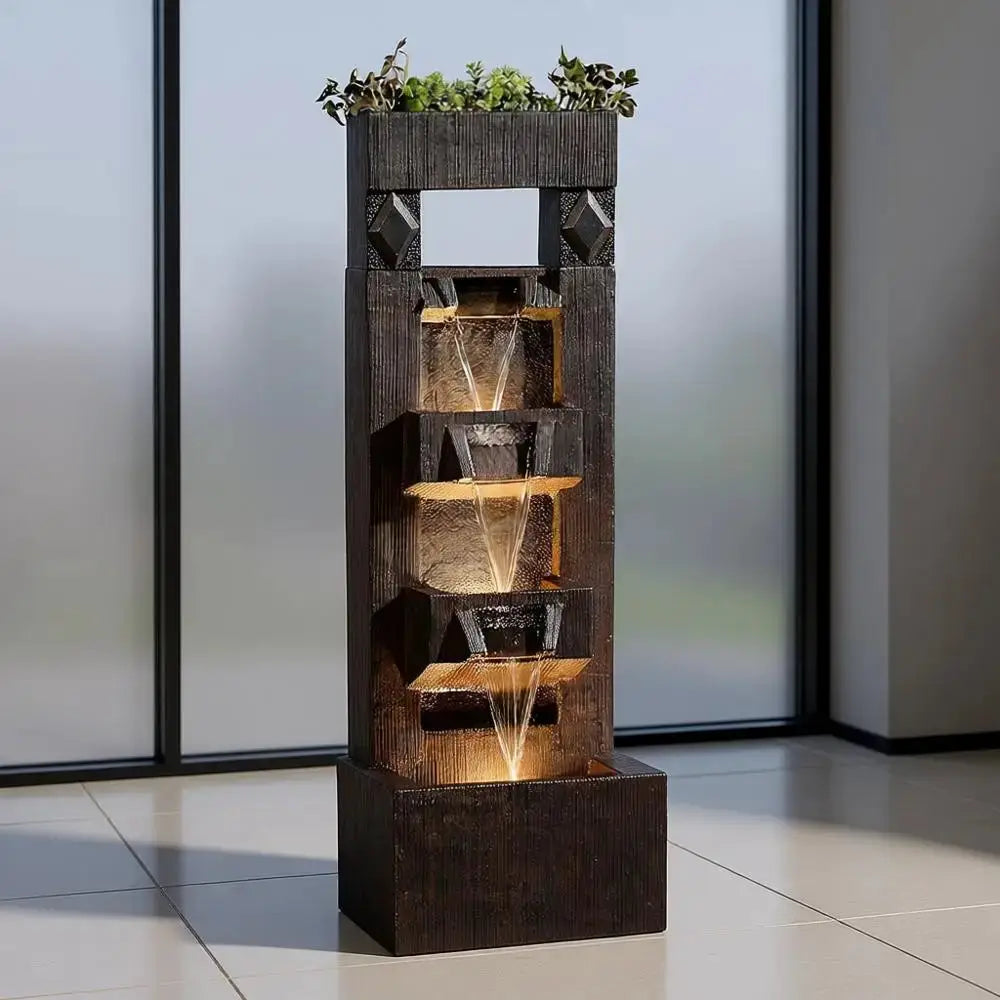 40.9 4-Tier Modern Outdoor Water Fountain with LED Lights, Suitable for Garden, Patio, Yard (Brown) from PriceLows™