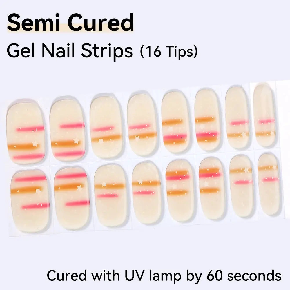 16strips Cartoon UV/LED Semi Cured Gel Nail Strips Pink Glitter Cat Eye Self-Adhesive Gel Nail Wraps Full Cover UV Nail Sticker from PriceLows™