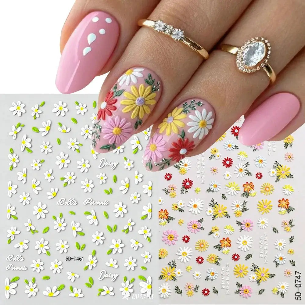2pcs 5D White Daisy Design Nail Art Stickers Embossed Daisy Floret Green Leaf Nail Art Decals DIY Spring Summer Decor Stickers from PriceLows™