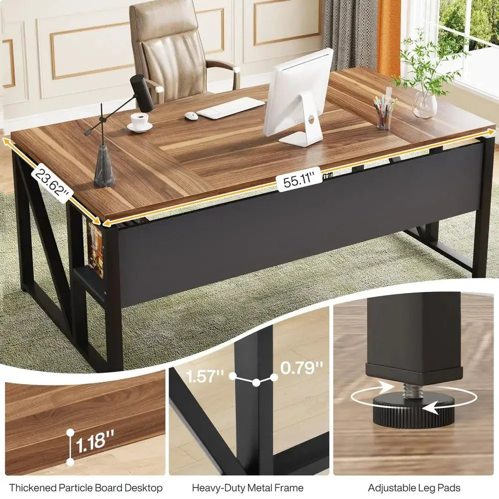 63 inches Computer Desk with Bottom Storage Shelf Home Office Desk Writing Table for Workstation, Dark Walnut Steel Leg, Cabine from PriceLows™
