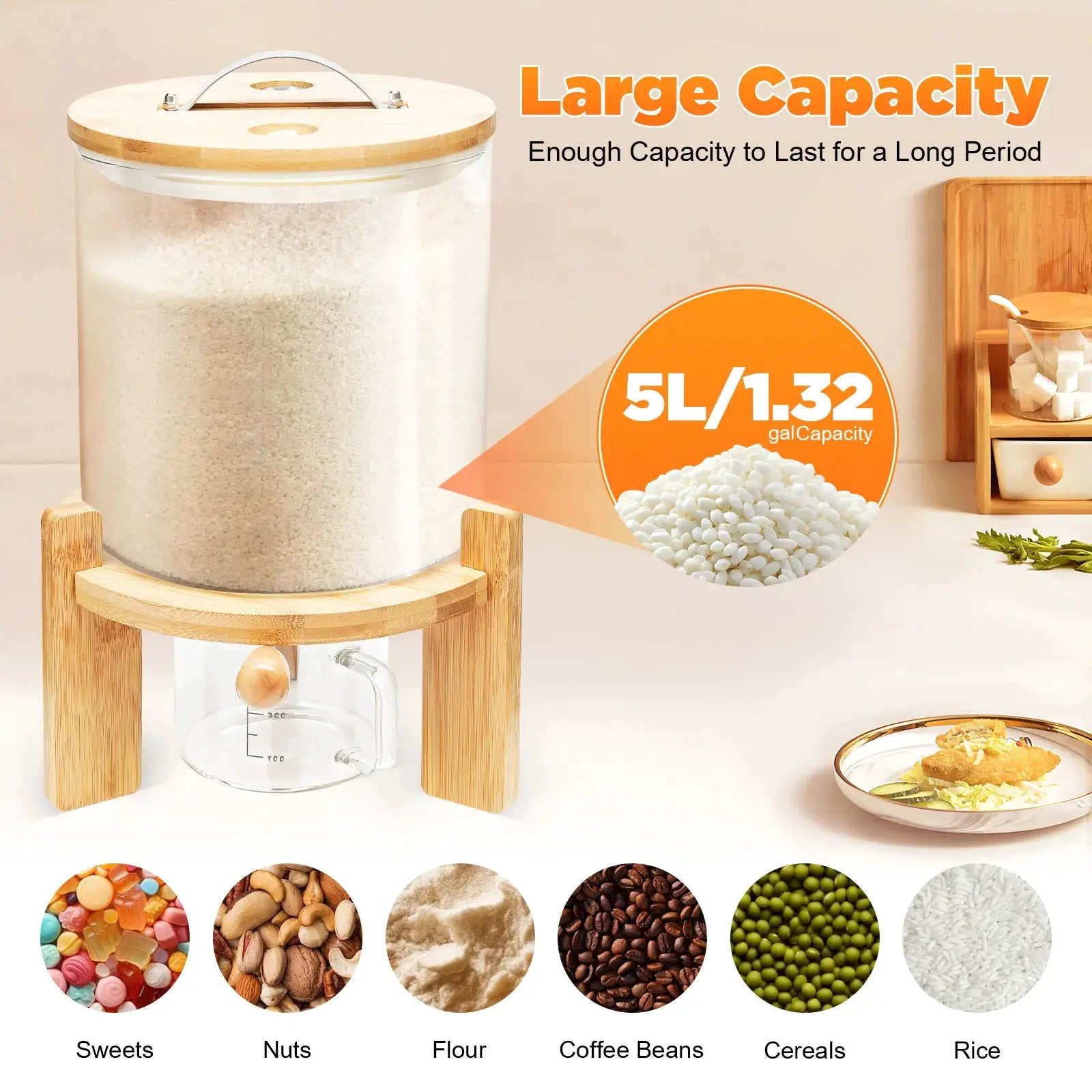 5L Cereal Dispenser Flour Rice Storage Container Glass Tank W/ Lid Measuring Mug For Pantry Organization And Storage from PriceLows™