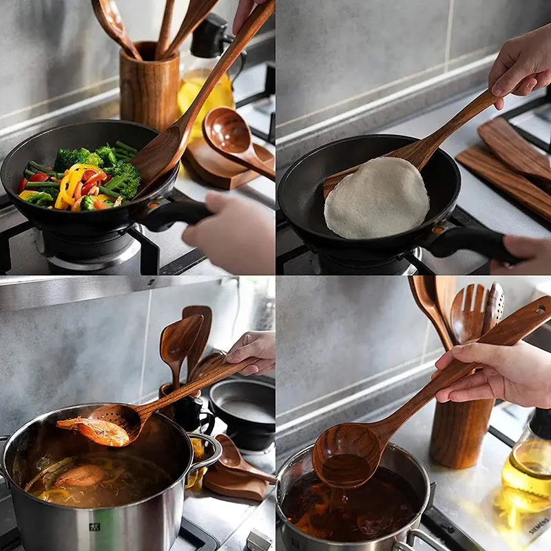 Natural Teak Cooking Spoon Scoop Kitchen Wooden Spatula Non-stick Utensils Set For Cooking With Hanging Hooks Cookware Tool from PriceLows™