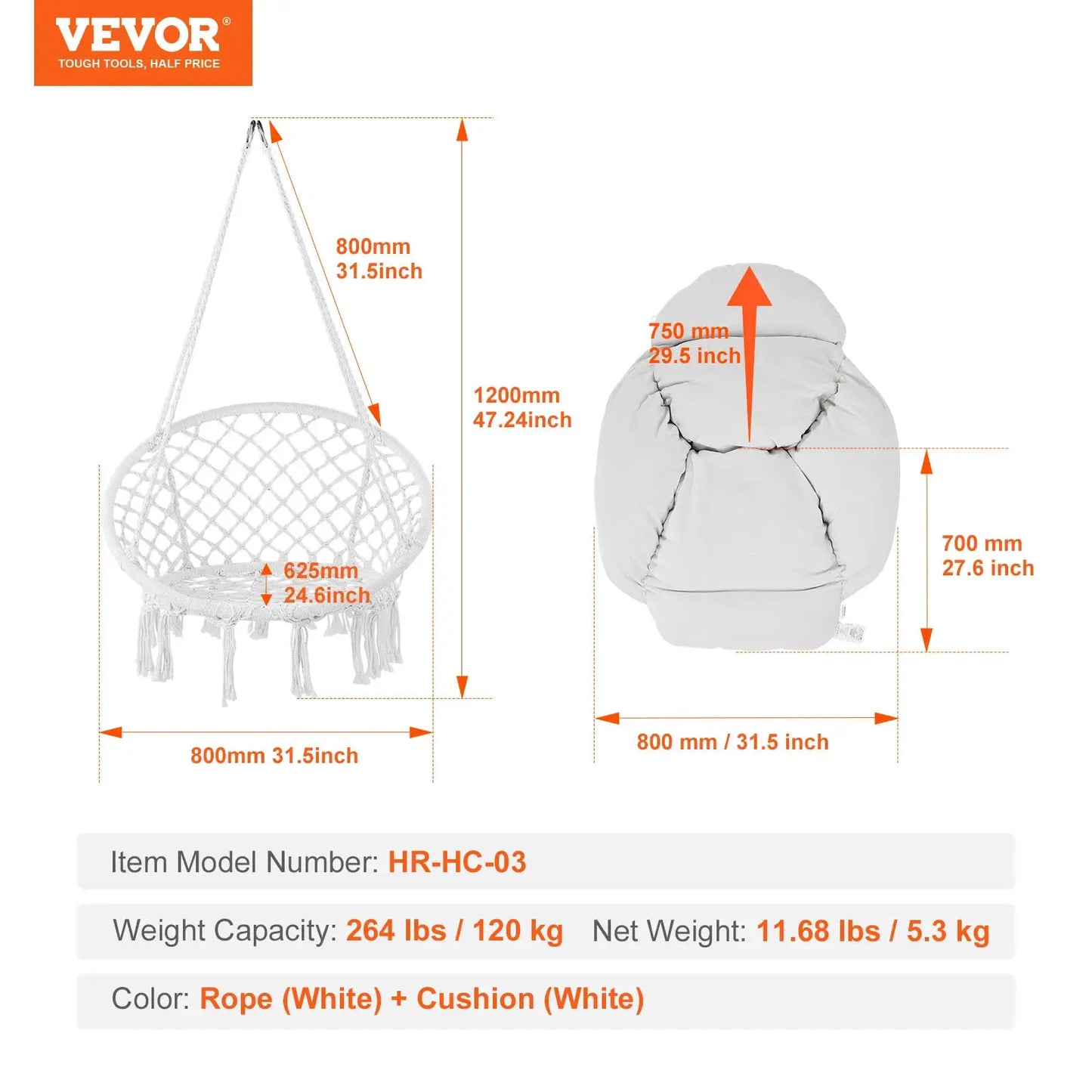 SucceBuy Hanging Hammock Swing Chair 330lbs Macramé Hanging Chair Cotton Rope Swing Chair for Bedroom Balcony Patio Garden White from PriceLows™