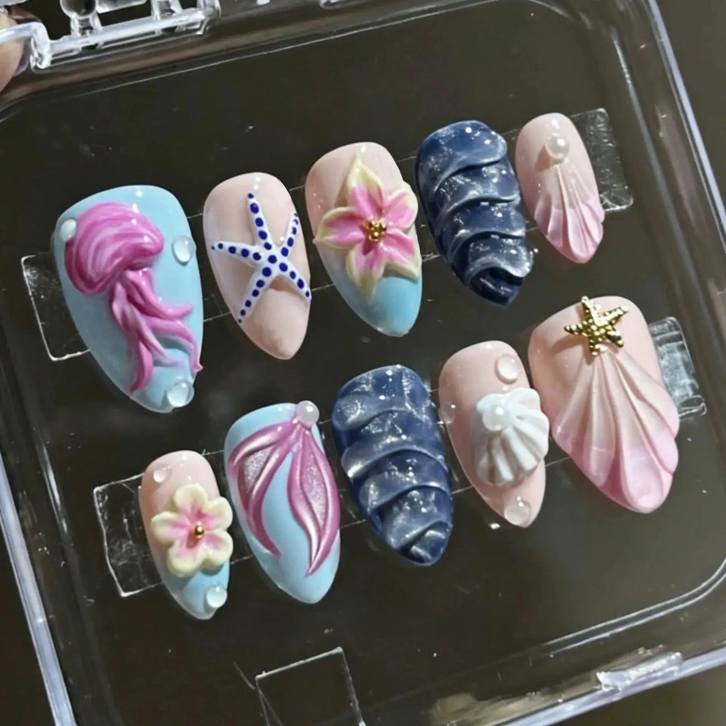 Press On Nails | 3D Seashell Design | Almond Shape | 24 Piece Set