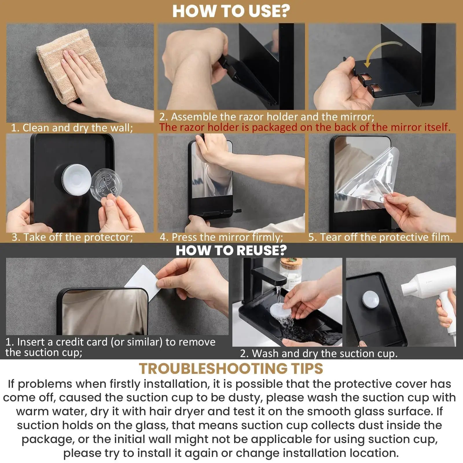 Fogless Shower Mirror | Razor Holder | Suction Mount | One Size from PriceLows™