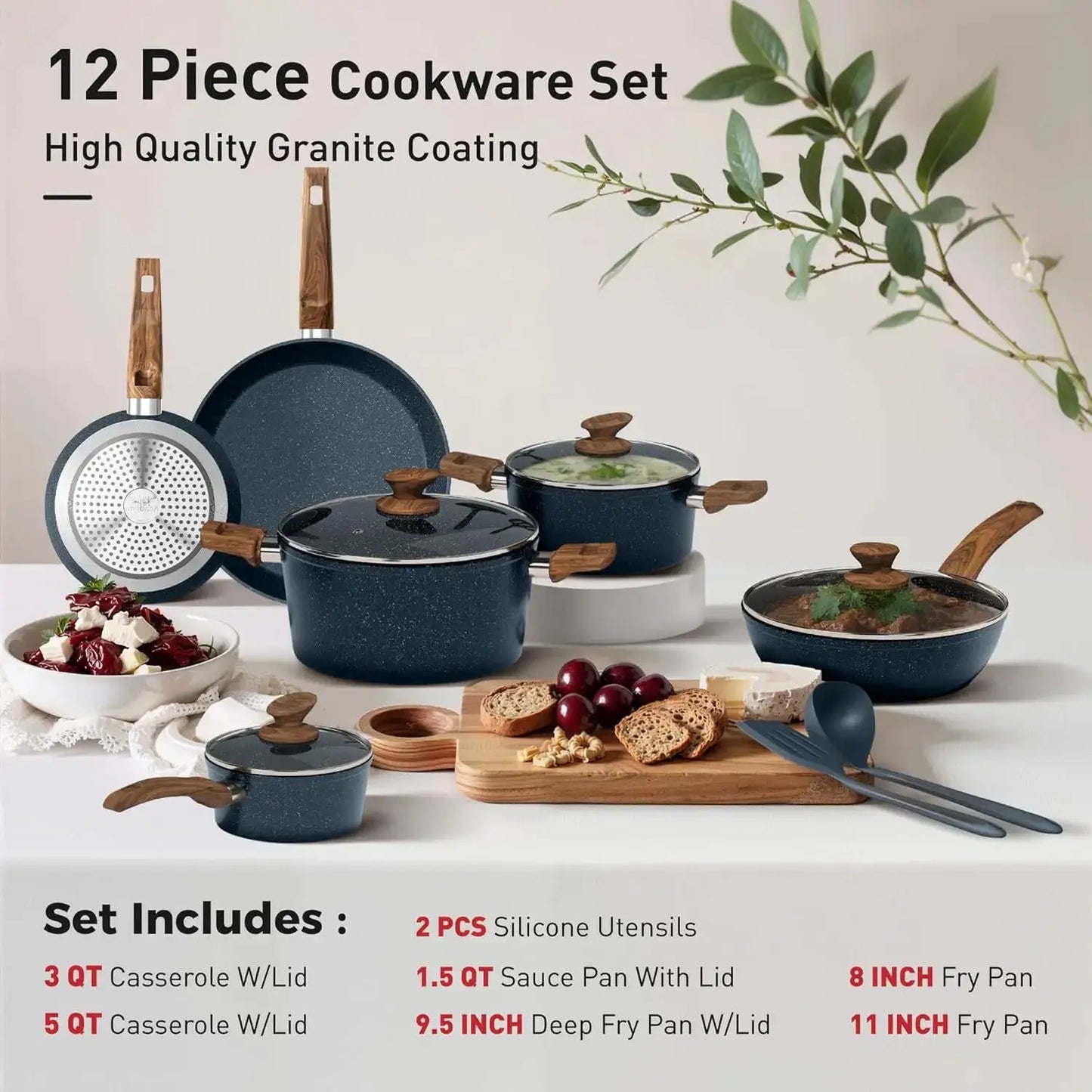 Nonstick Granite Cookware Set, Induction Pots and Pans, Blue Kitchen Set, PFOA & PFOS Free from PriceLows™