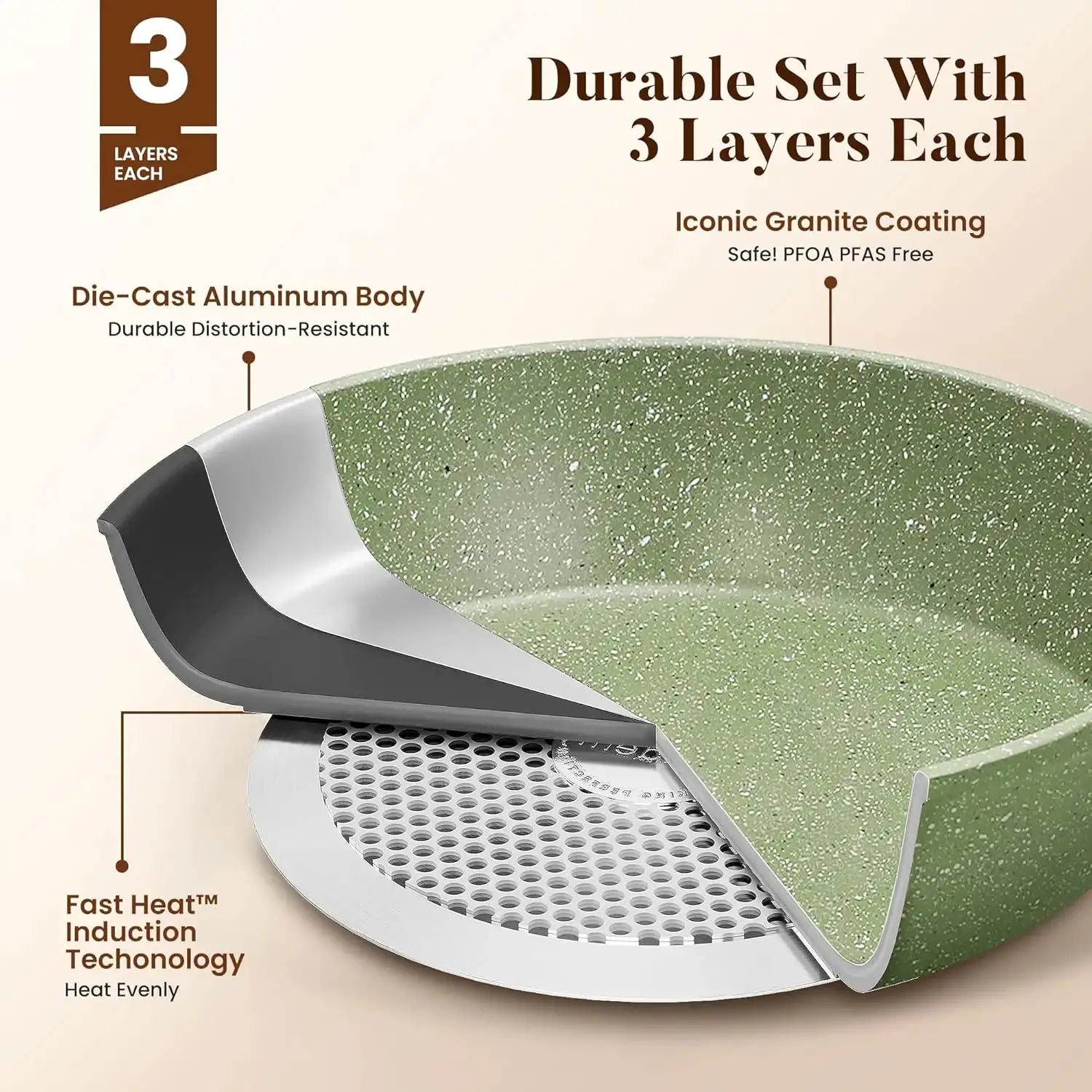 17-Piece Nonstick Induction Cookware Set with Griddle, Green Granite Pots and Pans, Healthy Cooking Set from PriceLows™