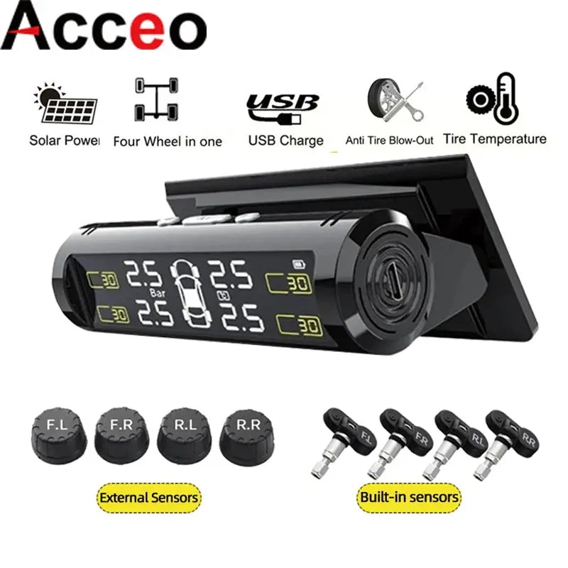 USB/Solar TPMS Wireless Tire Pressure Monitoring 4 Sensors Car Tire Temperature Tire Pressure Monitor Safety Alarm from PriceLows™