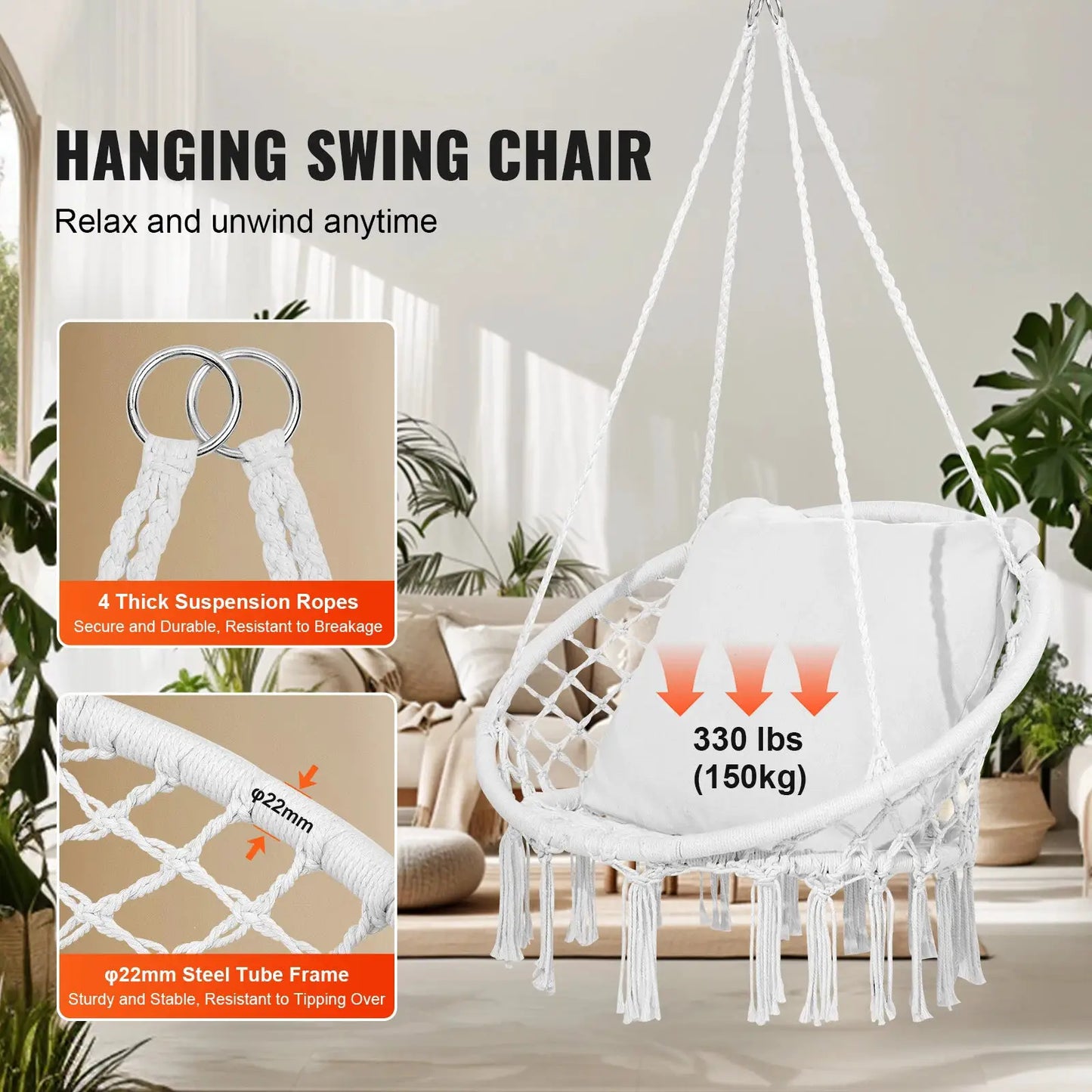 SucceBuy Hanging Hammock Swing Chair 330lbs Macramé Hanging Chair Cotton Rope Swing Chair for Bedroom Balcony Patio Garden White from PriceLows™