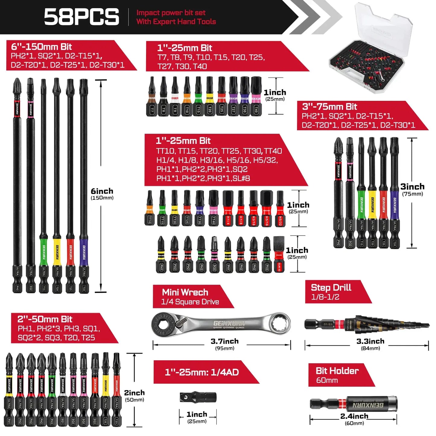 Geinxurn 58Pcs Tools Set Packaged with Impact Screwdriver Bits,Mini Wrech,Step Drill,Socket Adapter and Bit Holder for DIY from PriceLows™
