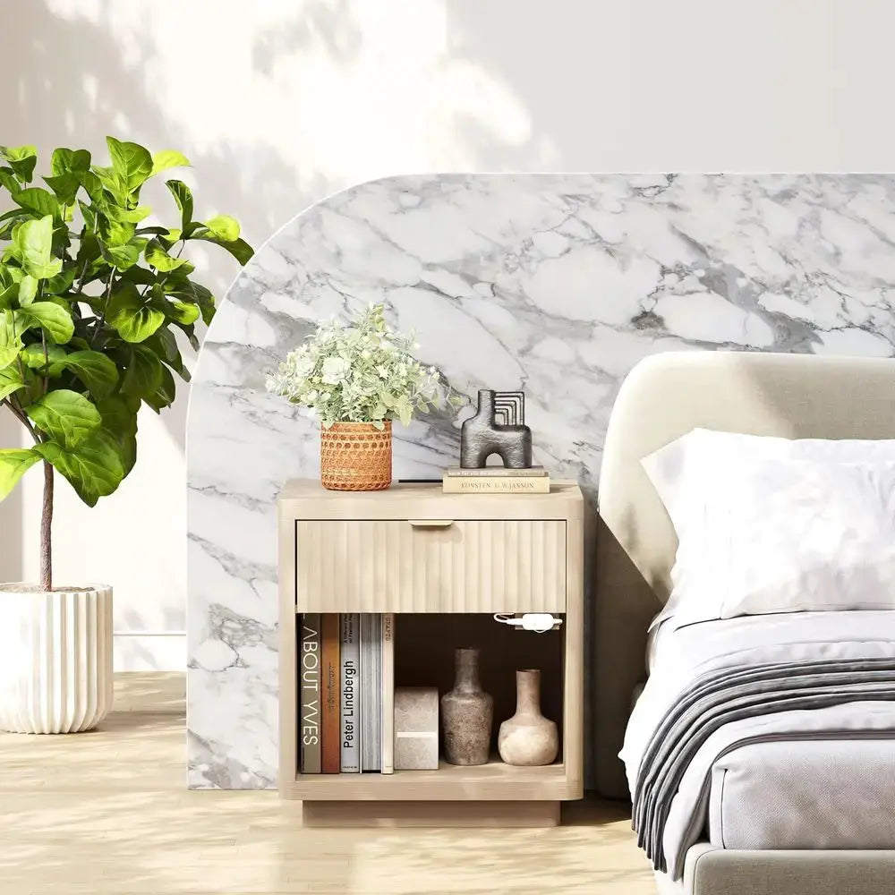 Pair of LED-lit Nightstands with Charging Station, 22 Wide Light Wood Nightstands from PriceLows™