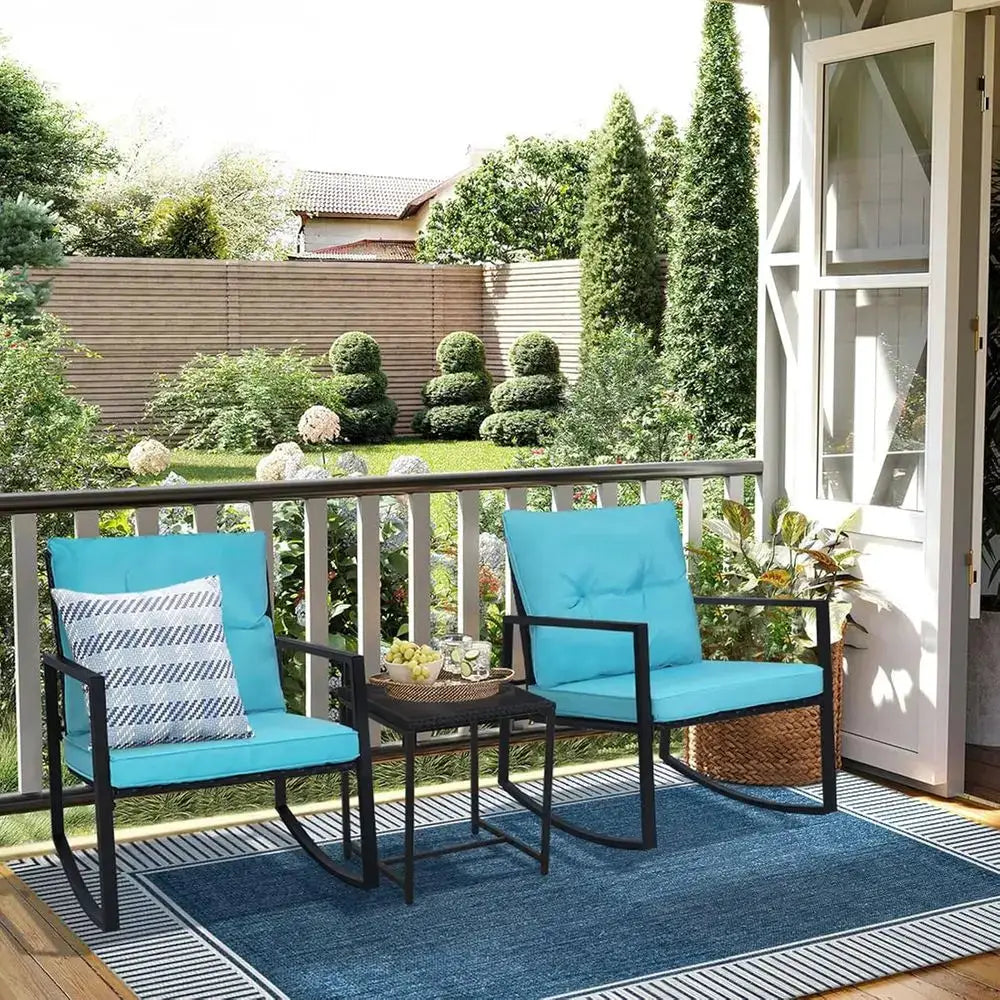 3-Piece Black Wicker Outdoor Rocking Bistro Set with Light Blue Cushions and Glass Coffee Table from PriceLows™